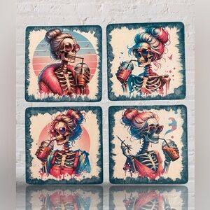 Handmade Skeleton Ladies w/Iced Coffee & Hair Buns Wood Coasters - Set of 4